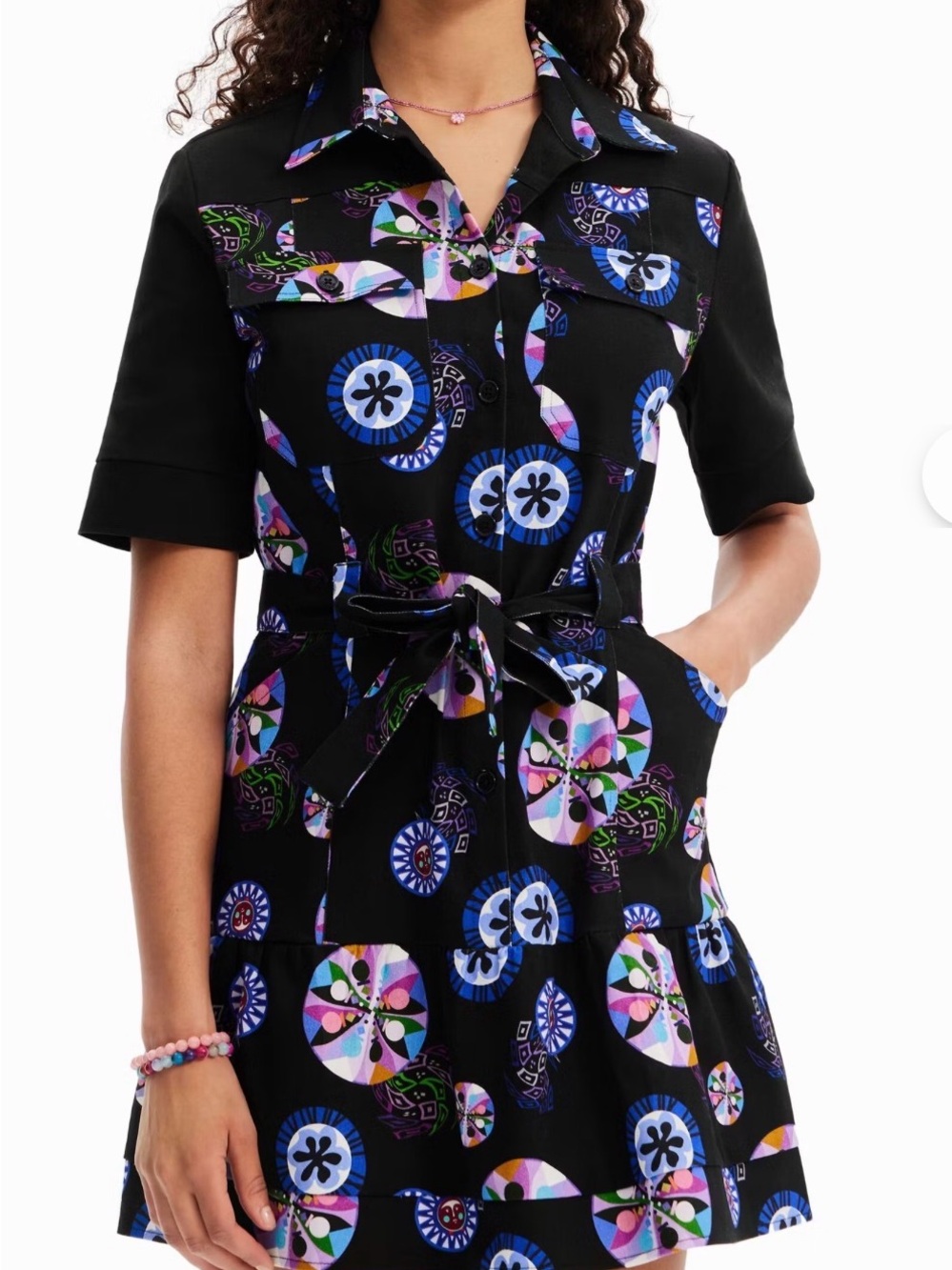 Desigual Black Short-Sleeve Tie-Waist Dress with Multicolor Geometric Print
